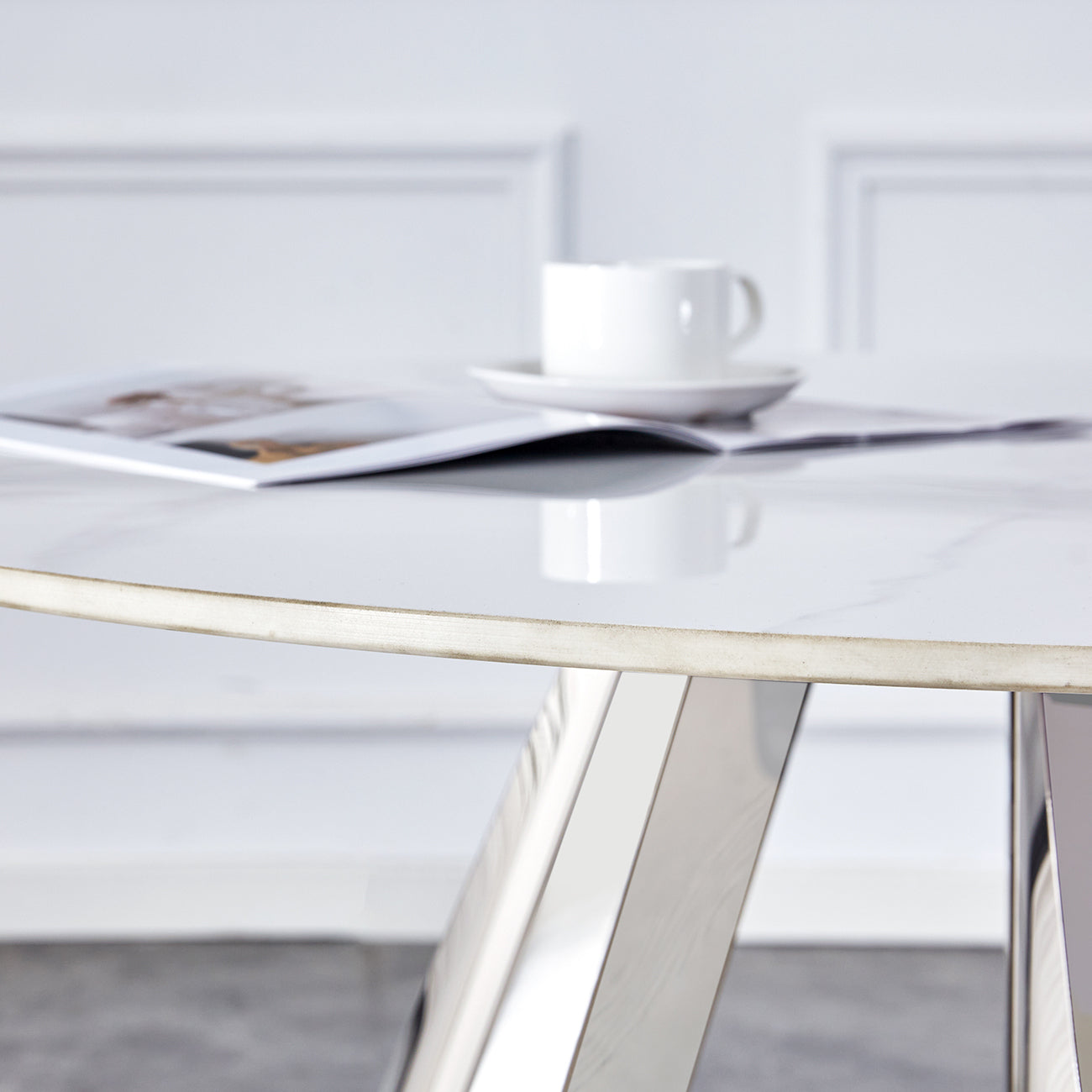 42' Luxury Sintered Stone Table: 0.45' Durable Top + 6' Steel Legs, 350lb Capacity, Stain/Heat-Resistant White/Gray Veined Surface - Modern Minimalist Design