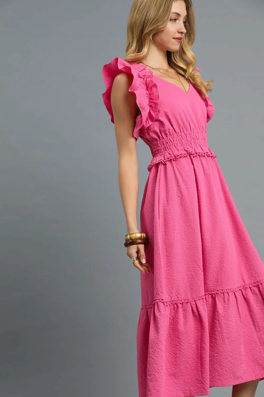 Umgee V-Neck Ruffled Cap Sleeve Midi Dress