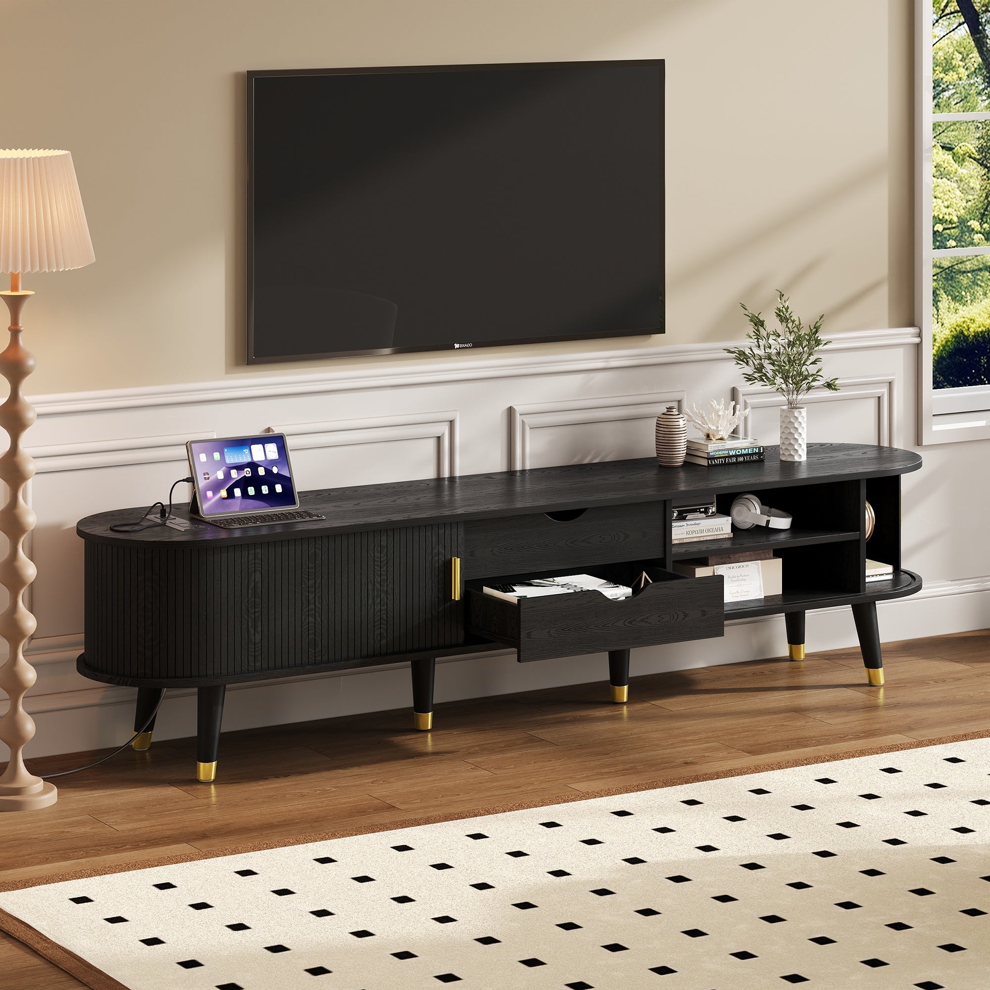 Wooden Oval Fluted TV Stand with Charging Station for TV up to 80', Mid-Century Media Console with Sliding Tambour Door, Farmhouse TV Cabinet with Golden Handle for Living Room, Black