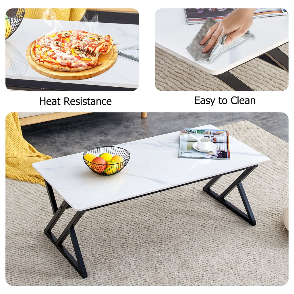 A coffee table made of rock slab material, with a smooth and natural surface that complements the modern design of the black metal legs, making it suitable for living rooms of all sizes.47*23.6