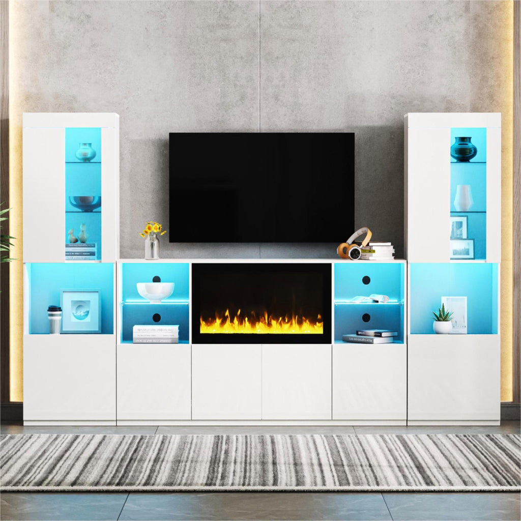 ON-TREND Modern TV Stand with 34.2' Non-heating Electric Fireplace, High Gloss Entertainment Center with LED Lights, Media Console with Tempered Glass Shelves for TVs up to 75', White