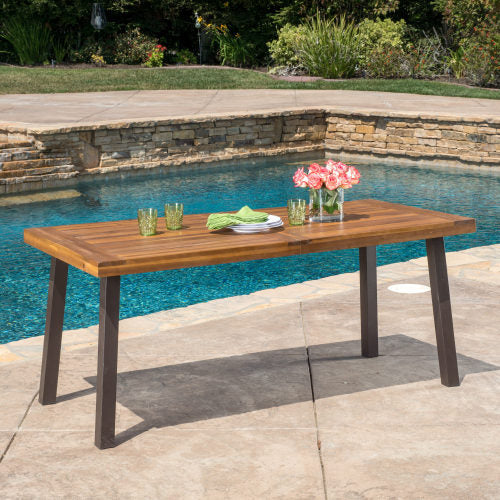 Outdoor Dining Set – Premium Acacia Wood Della Table & Wicker Chairs with Cream Cushion for Comfortable Dining Experience,Suitable for large gatherings(1 Table + 6 Chairs)
