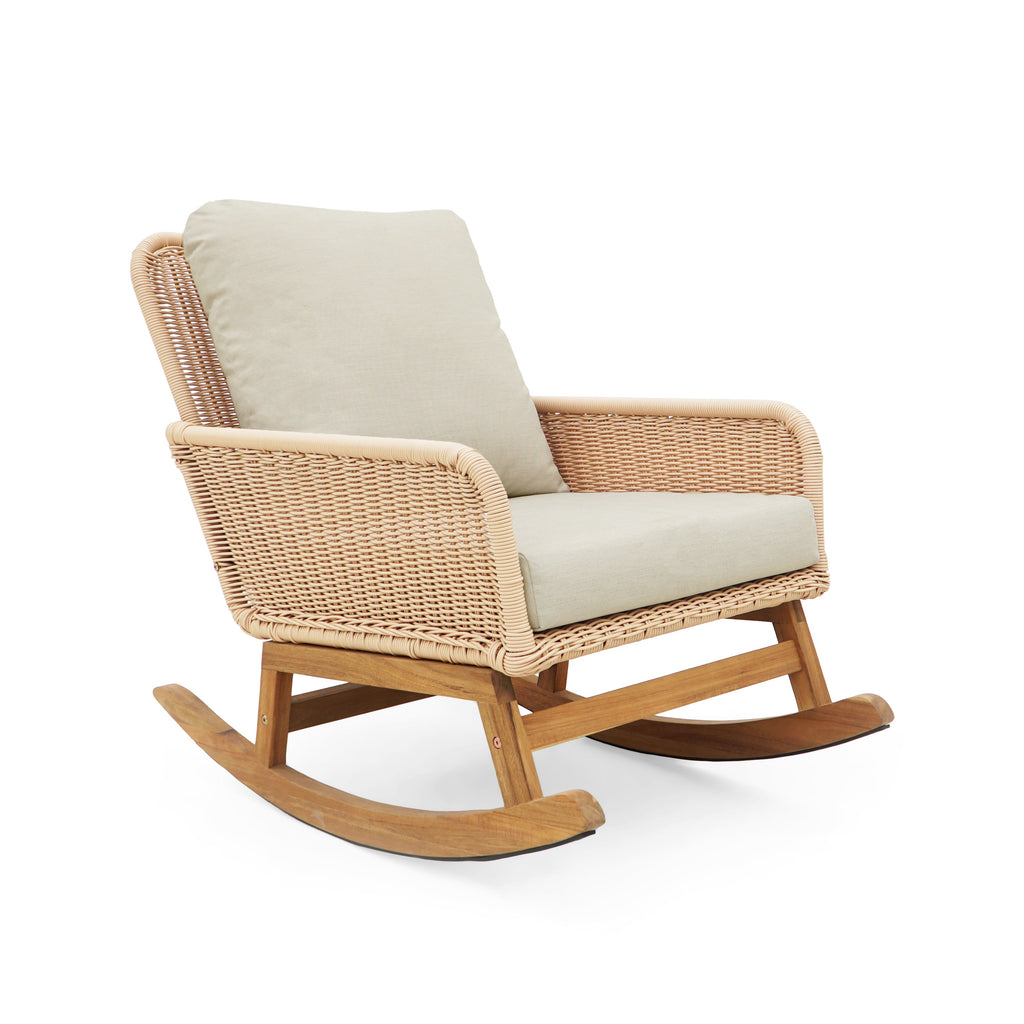 Modern 3-Piece Outdoor Seating Set with Beige Cushioned PE Rattan Rocking Chairs and Wooden Accent Table, Perfect for Patio or Balcony Relaxation
