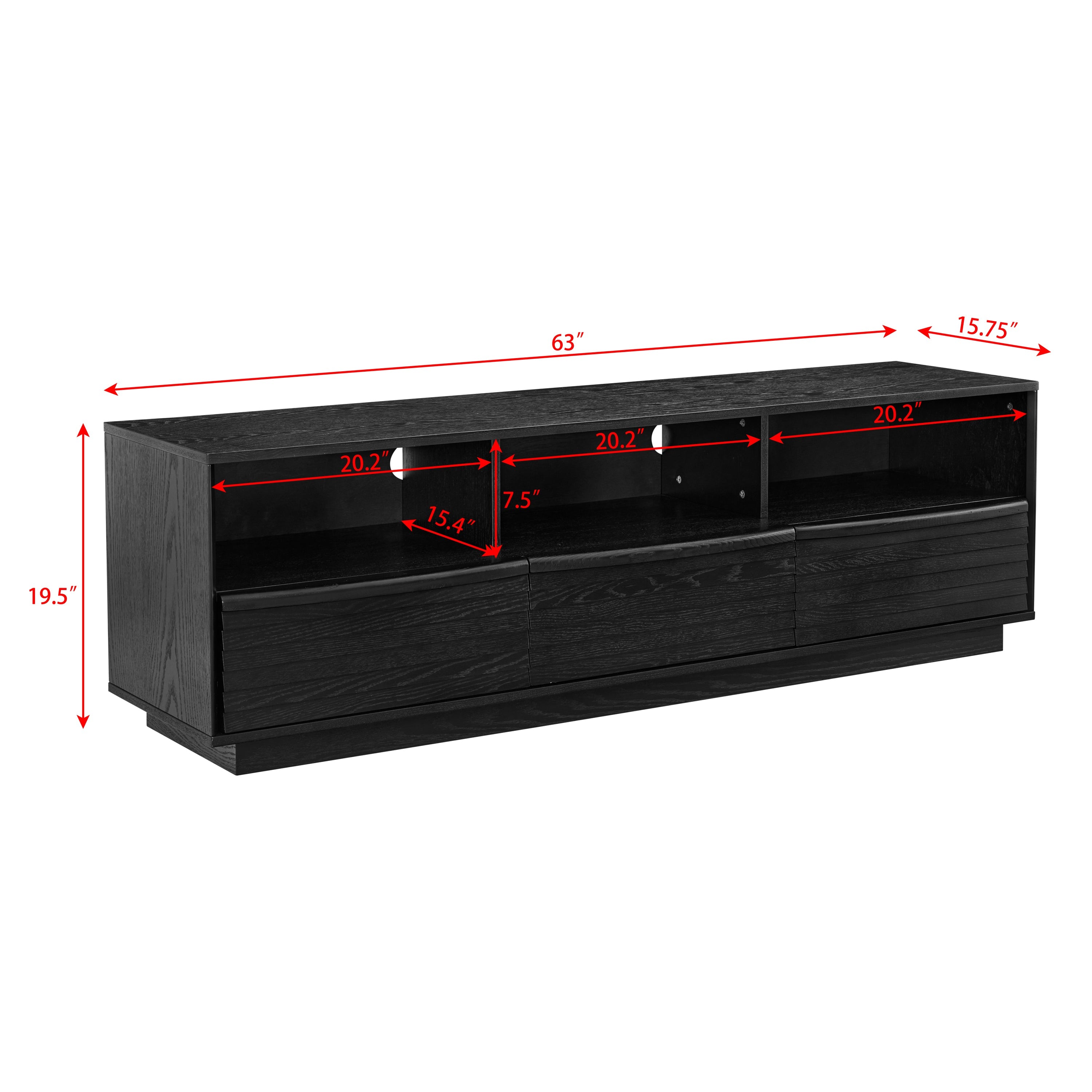 63' Mid-Century Modern TV Stand for TVs up to 75', Thick Sturdy Farmhouse Entertainment Cabinet, Media Console for Living Room, Louver Design & Solid Wood Drawers & Outlet Holes, Black