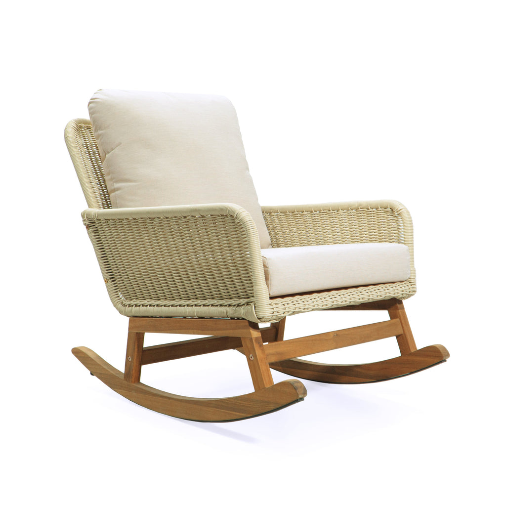 Modern 3-Piece Outdoor Seating Set with Ivory Cushioned PE Rattan Rocking Chairs and Wooden Accent Table, Perfect for Patio or Balcony Relaxation