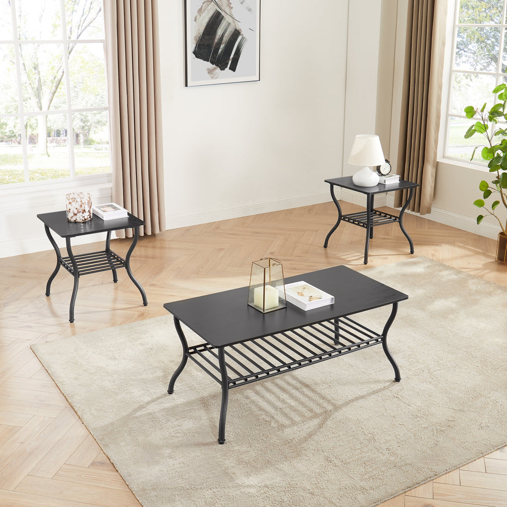 Modern Style 3-Piece Coffee Table Set Rectangle Coffee Table with 2 Square End Side Table Retro Design Coffee Table with Sturdy Base for Living Room Decor (Black)