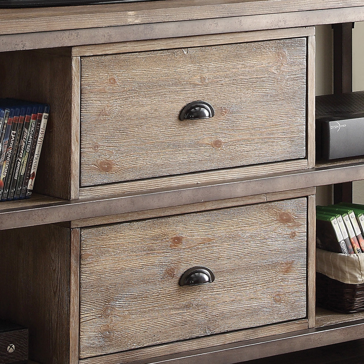 Weathered Oak and Antique Silver 4-Shelf TV Stand