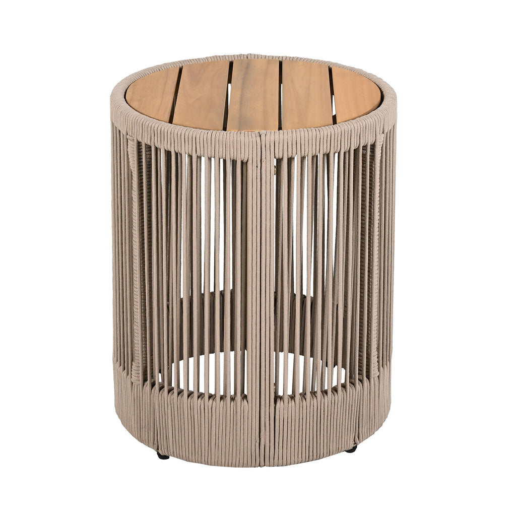 Outdoor Rattan rope & Acacia Wood Side Table - Patio Balcony Furniture for Garden, Yard, Balcony - Weather Resistant(Rope Beige, Natural Iron)