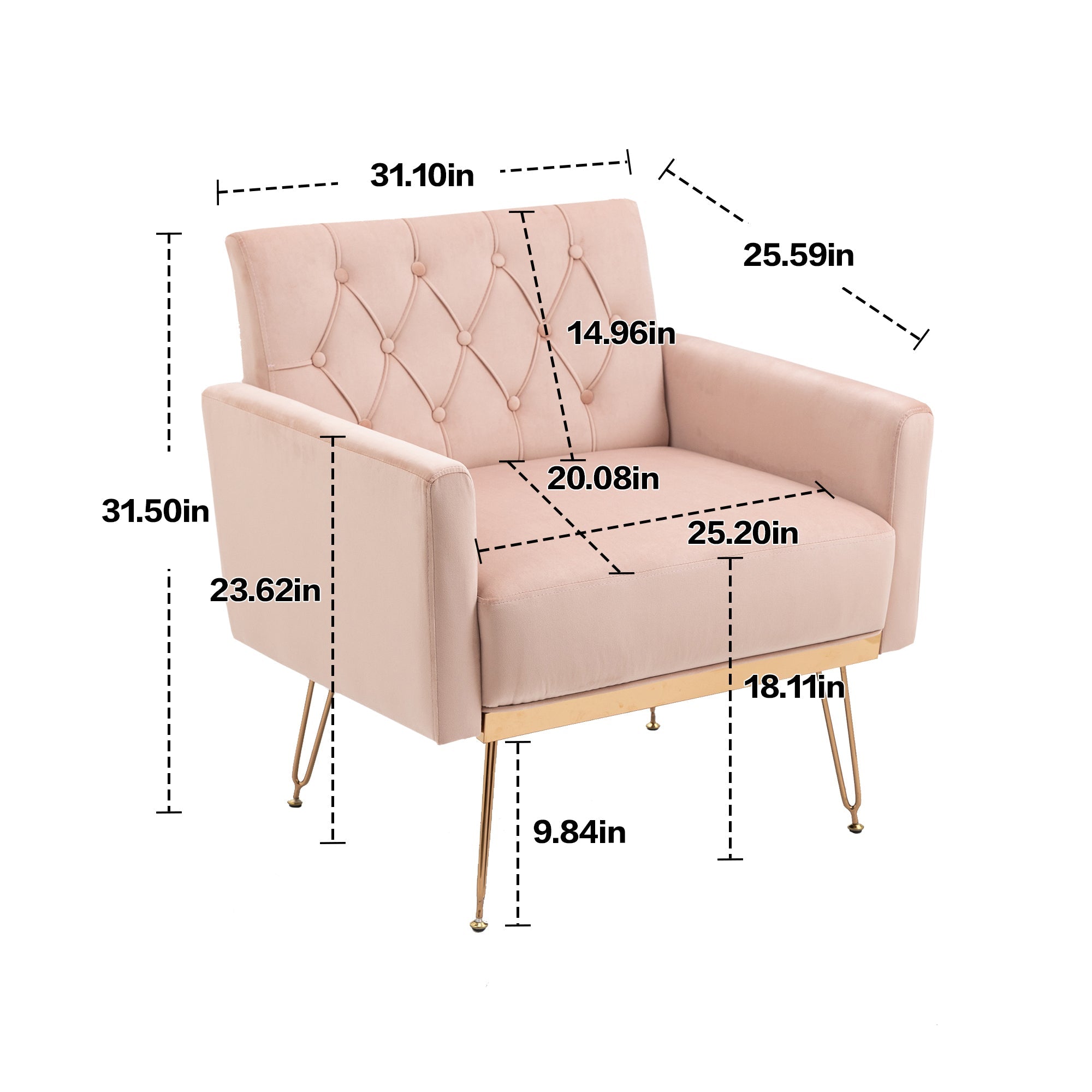 COOLMORE Velvet Armchair Single Sofa Modern Tufted Upholstered Side Reading Chairs with Arm and Gold Metal Leg for Living Room Bedroom (Pink)