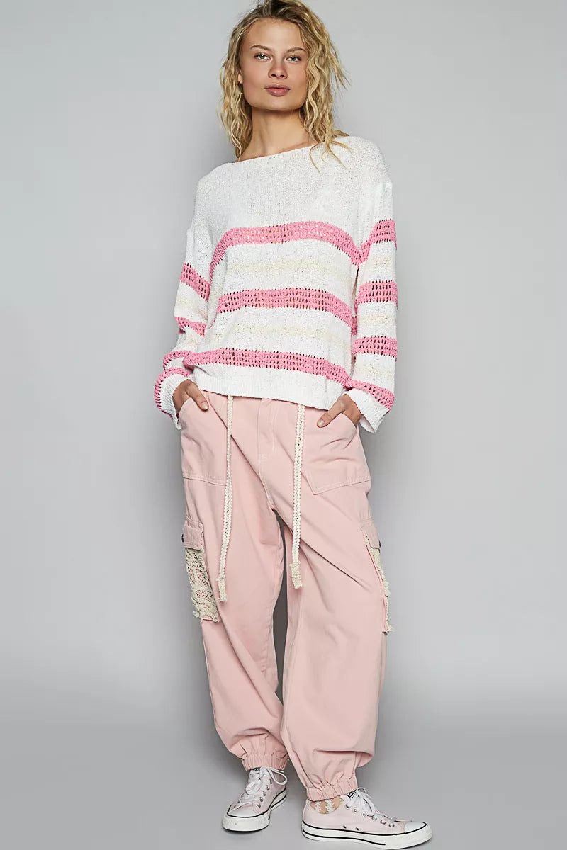 POL Striped Openwork Round Neck Knit Top