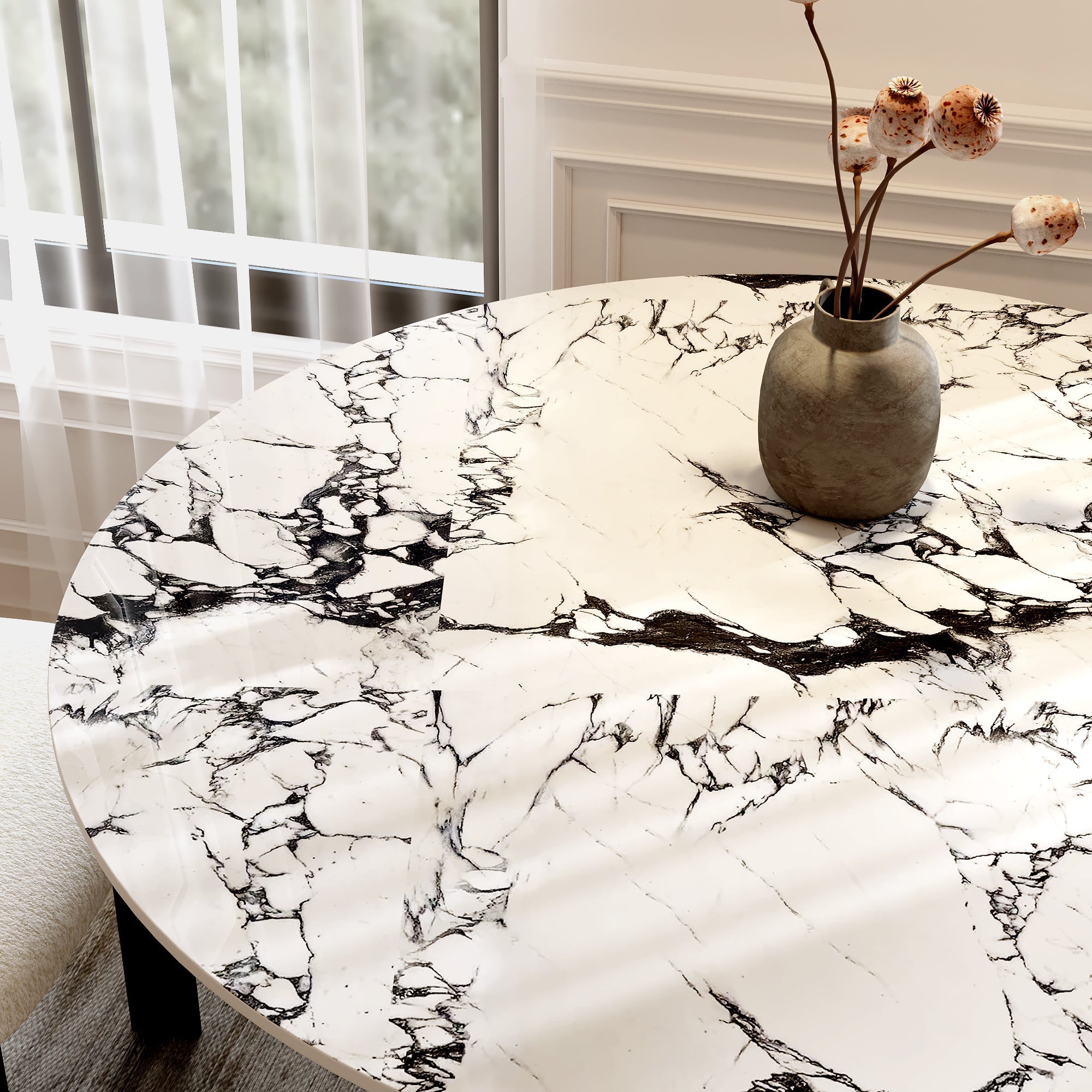 Small Round Modern Dining Table 43' Kitchen Table With Black Pedestal For 5 Person - White Black