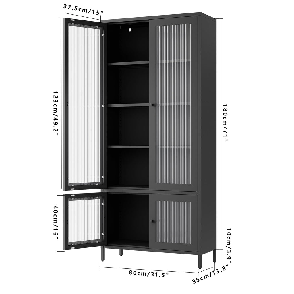 Large Metal Storage Cabinet Display Cabinet with 4 Glass Doors 5 Shelves Side Cabinet Bookcase Freestanding Cabinet for Bedroom Living Room Pantry Home Office - Black, Fluted Tempered Glass