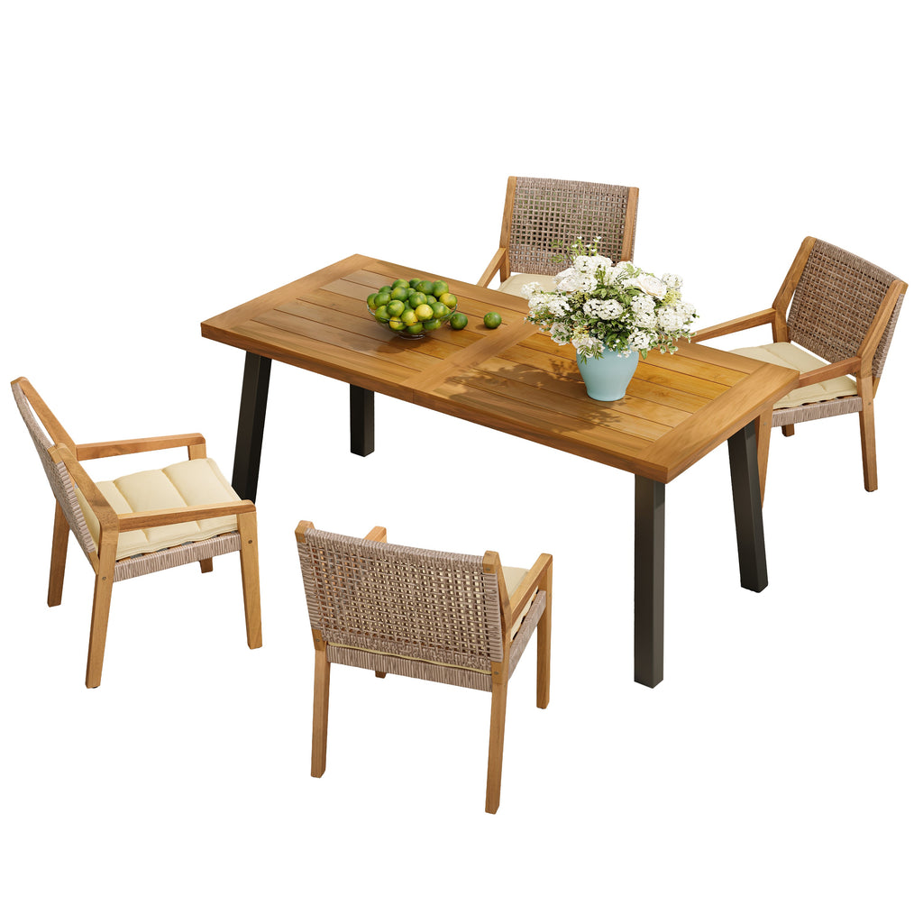 Outdoor Dining Set – Premium Acacia Wood Della Table & Wicker Chairs with Cream Cushion for Comfortable Dining Experience,Suitable for large gatherings(1 Table + 4 Chairs)