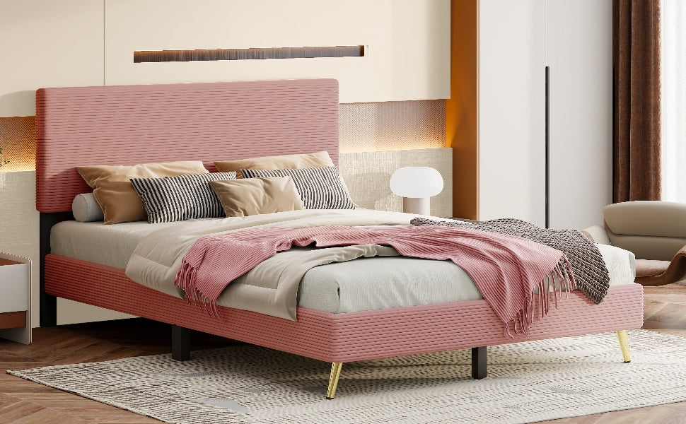 Queen Size Corduroy Upholstered Bed Frame, Platform Bed with Horizontal Stripe Headboard, No Box Spring Needed, Pink