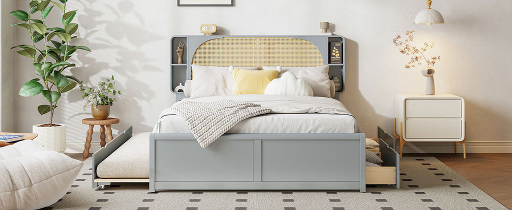 Queen Size Rattan Headboard Bed with Two Drawers and Trundle, Gray