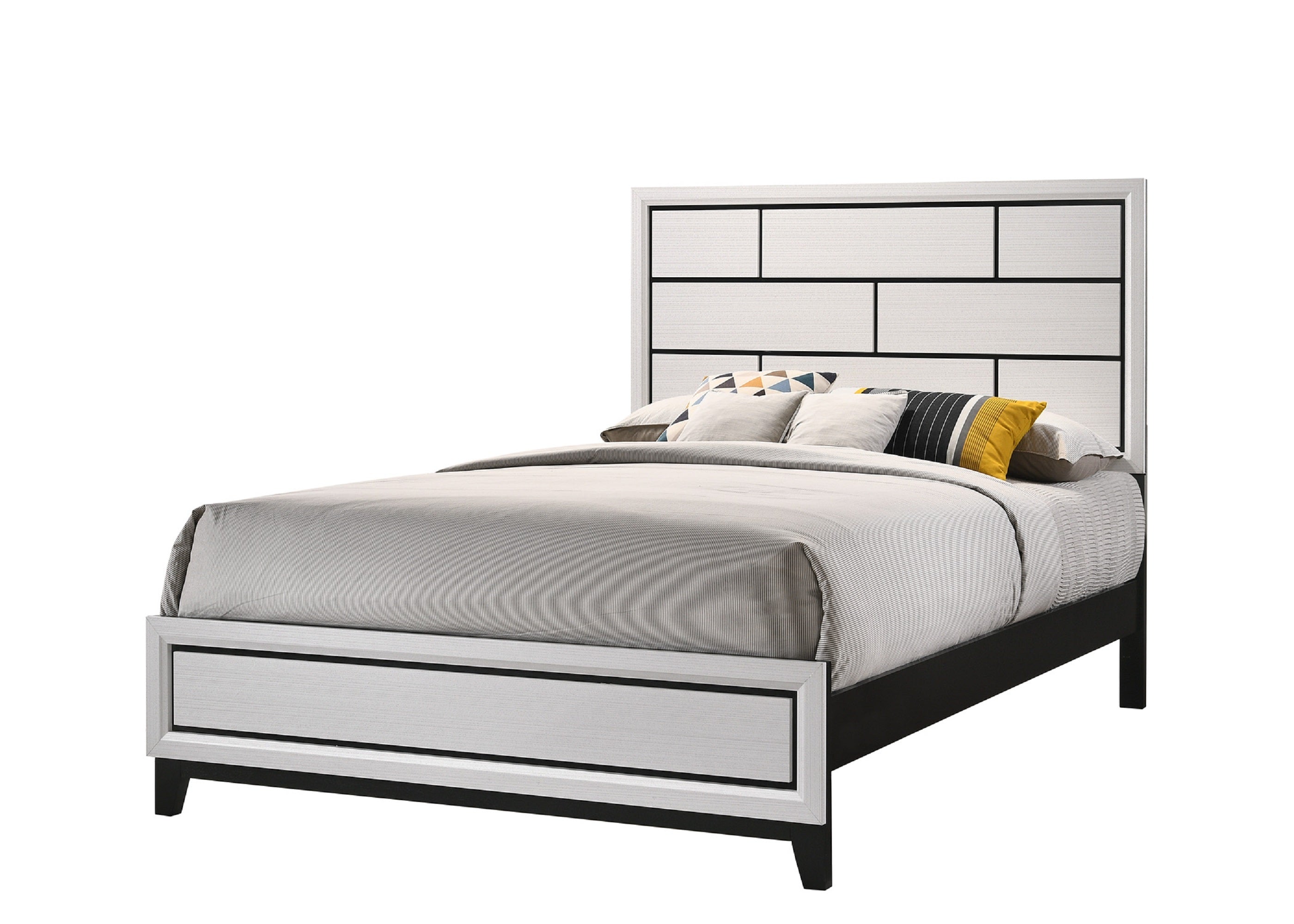 Cotemporary White Finish Queen Size Panel Low-profile Bed Geometric Design Wooden Bedroom Furniture