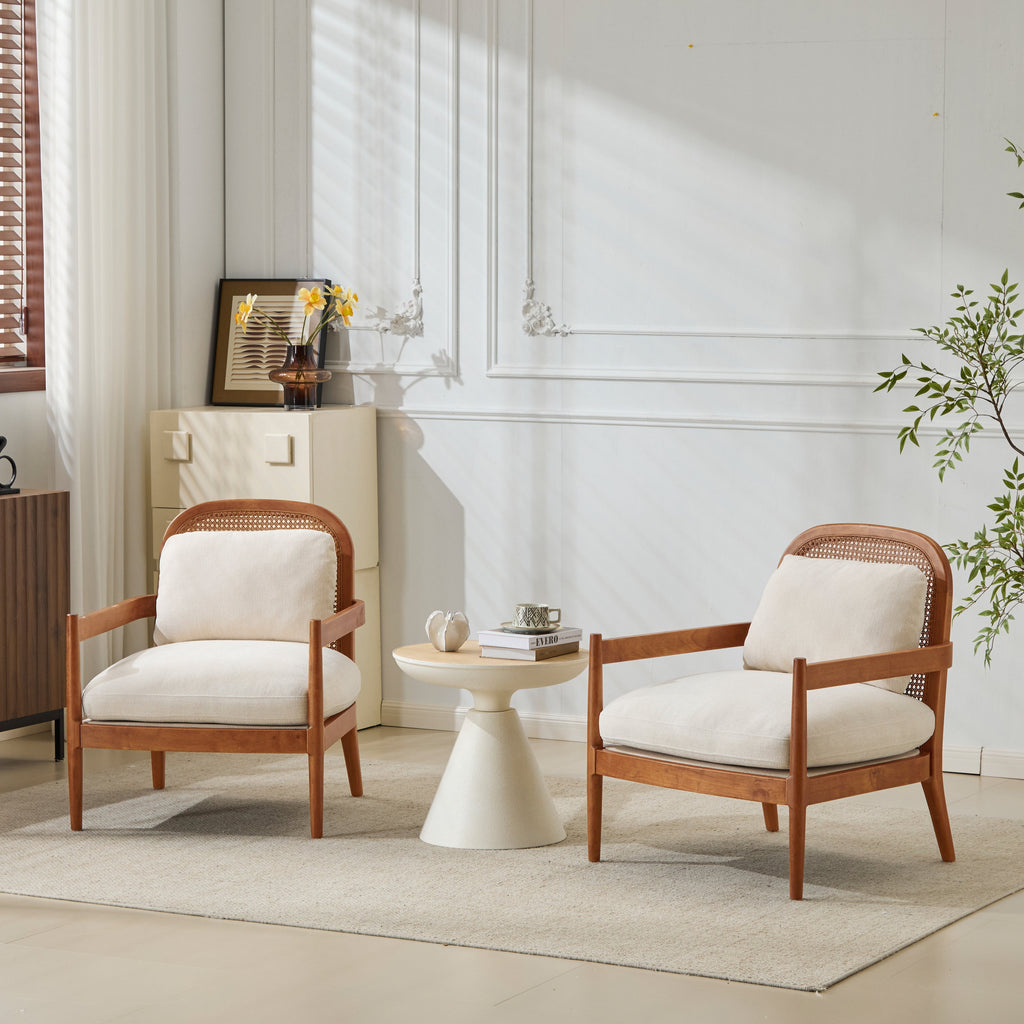 [Set of 2] 26.6' Mid-Century Modern Accent Chair with Light Brown Finish Solid Wood Frame and Rattan Backrest, Beige Cushion, Comfy Armchairs for Living Room, Bedroom, Reading Nook