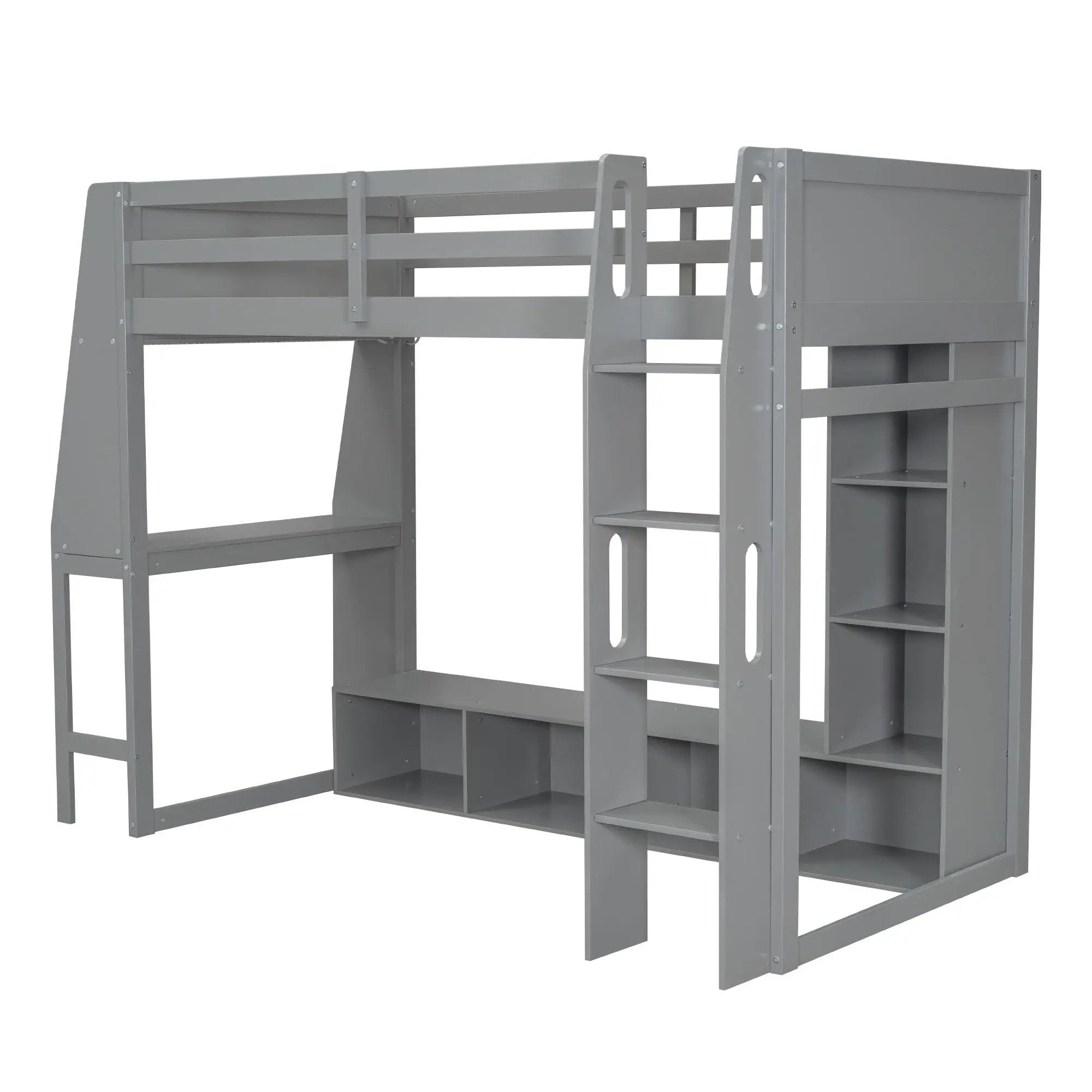 Gaming Loft Bed With Desk, Multi Storage Shelves, LED Lighting, And Hanging Clothes Rack