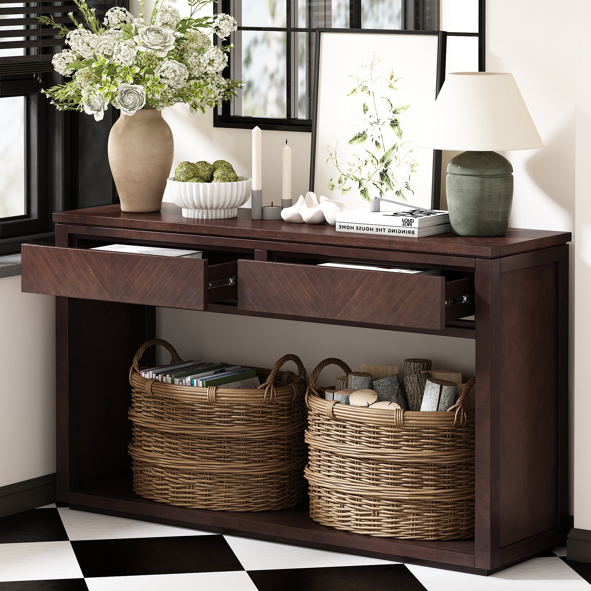 TREXM 55' Console Table, Rustic Wooden Entryway Table with Storage Drawers and Open Shelf, Elegant Sofa Table for Hallway and Living Room (Espresso)
