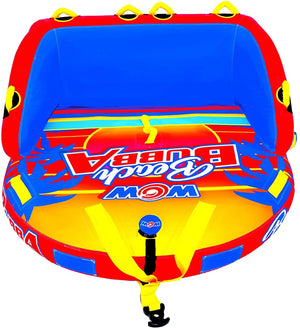 WOW Watersports Beach Bubba 2P towable raft, red exterior with blue interior and yellow handles