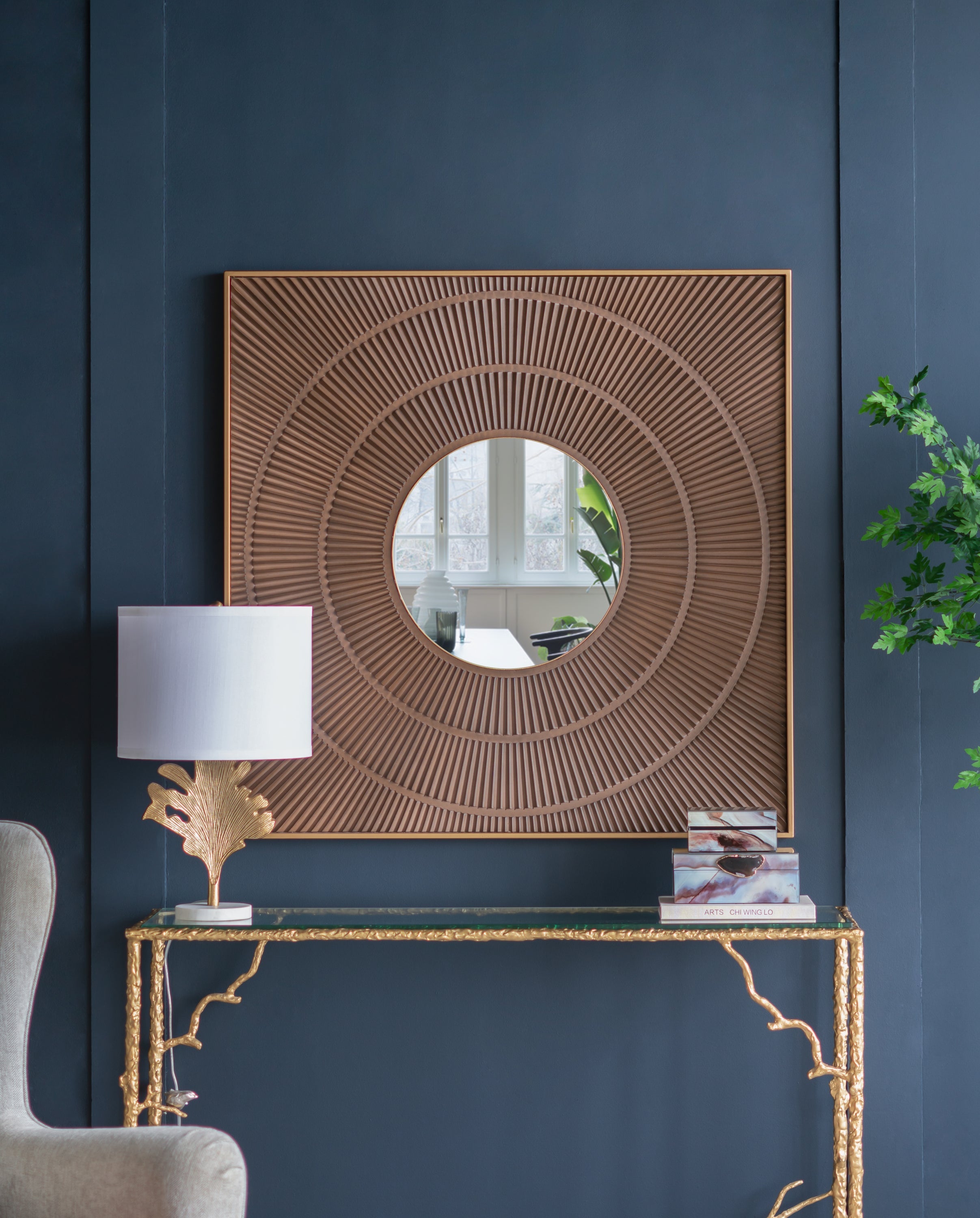 40" x 40" Square Carved Mirror with Pleated Design with Gold Iron Frame, Neutral Colorway Wall Decor for Living Room Bathroom Entryway