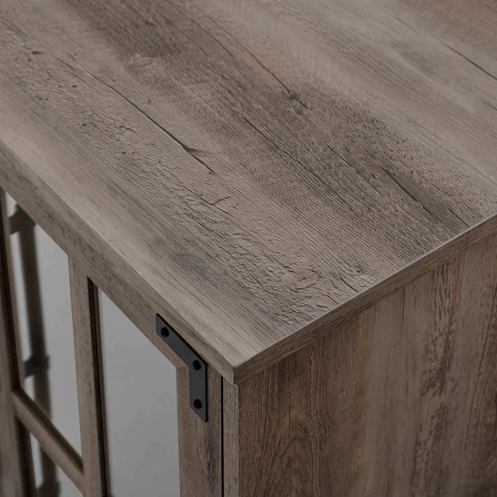 Modern Farmhouse Windowpane Glass-Door TV Stand for TVs up to 65' - Rustic Oak Finish - MDF Construction