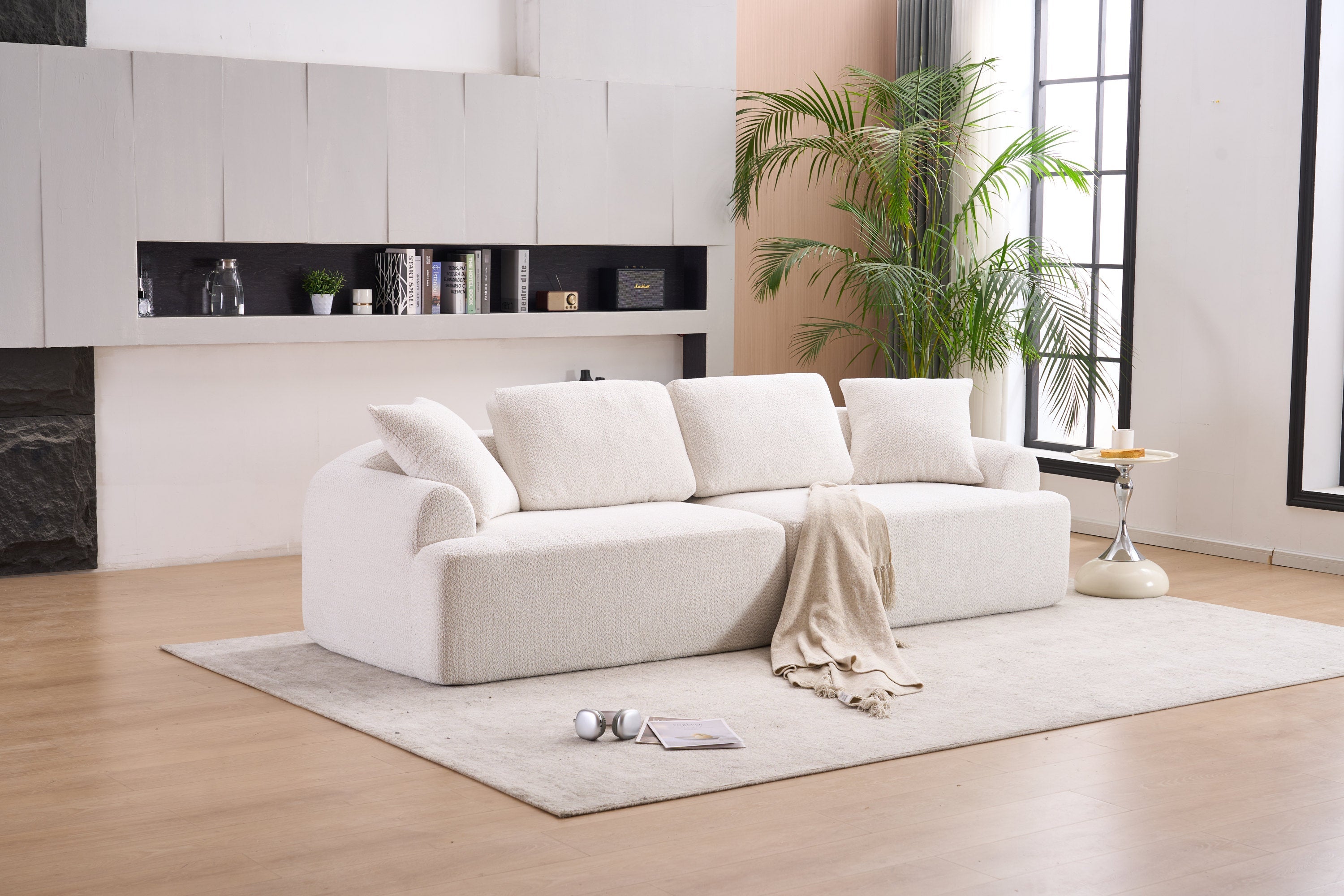 LY-024 BEIGE COMPRESSION SOFA: 4-seater combined sofa, Crochet Yarn Fabric, full sponge compression sofa,combined sofa with 4 pillows for home living/ Home Furniture/ Apartment