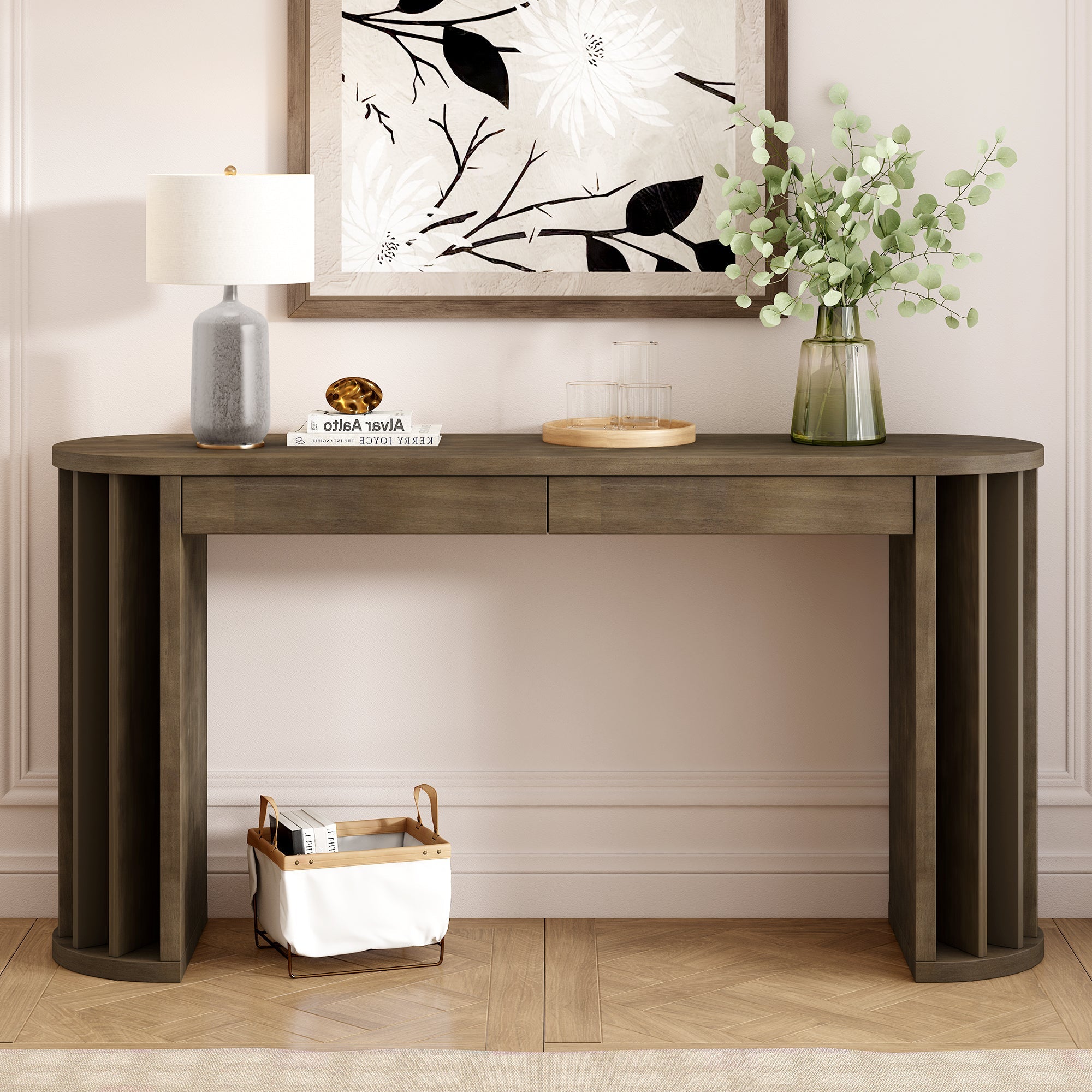 U_Style 59-inch Long Console Table,Oak Veneer Sofa Table,Curved and Straight Line Design,Behind the Couch, Farmhouse Entryway Table for Entrance, Hallway, Living Room (Natural)