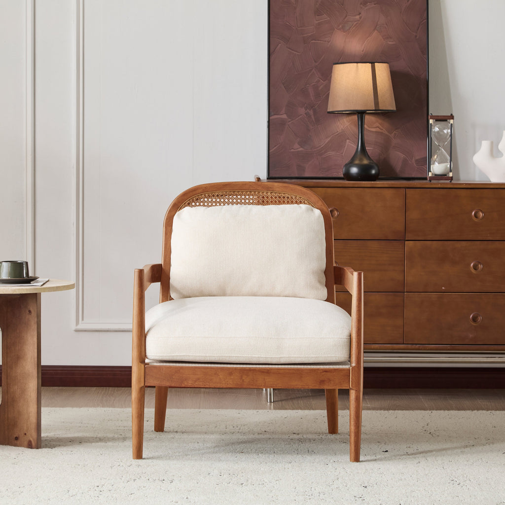 [Set of 2] 26.6' Mid-Century Modern Accent Chair with Light Brown Finish Solid Wood Frame and Rattan Backrest, Beige Cushion, Comfy Armchairs for Living Room, Bedroom, Reading Nook