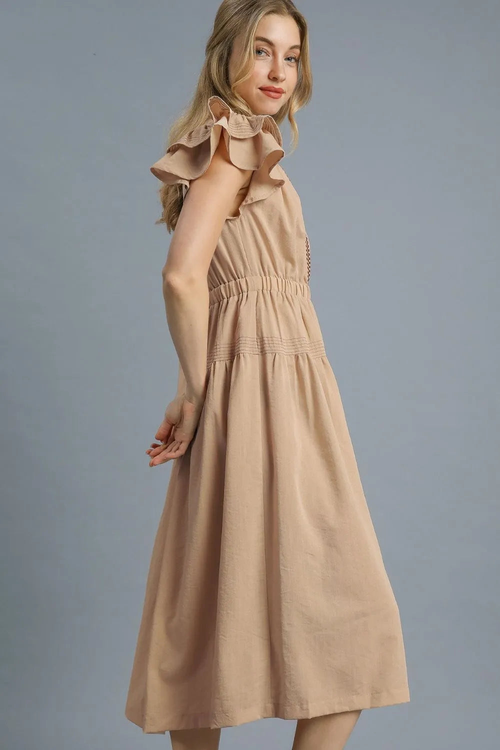 Umgee Ruffled Cap Sleeve Midi Dress with Contrast Trim Detail
