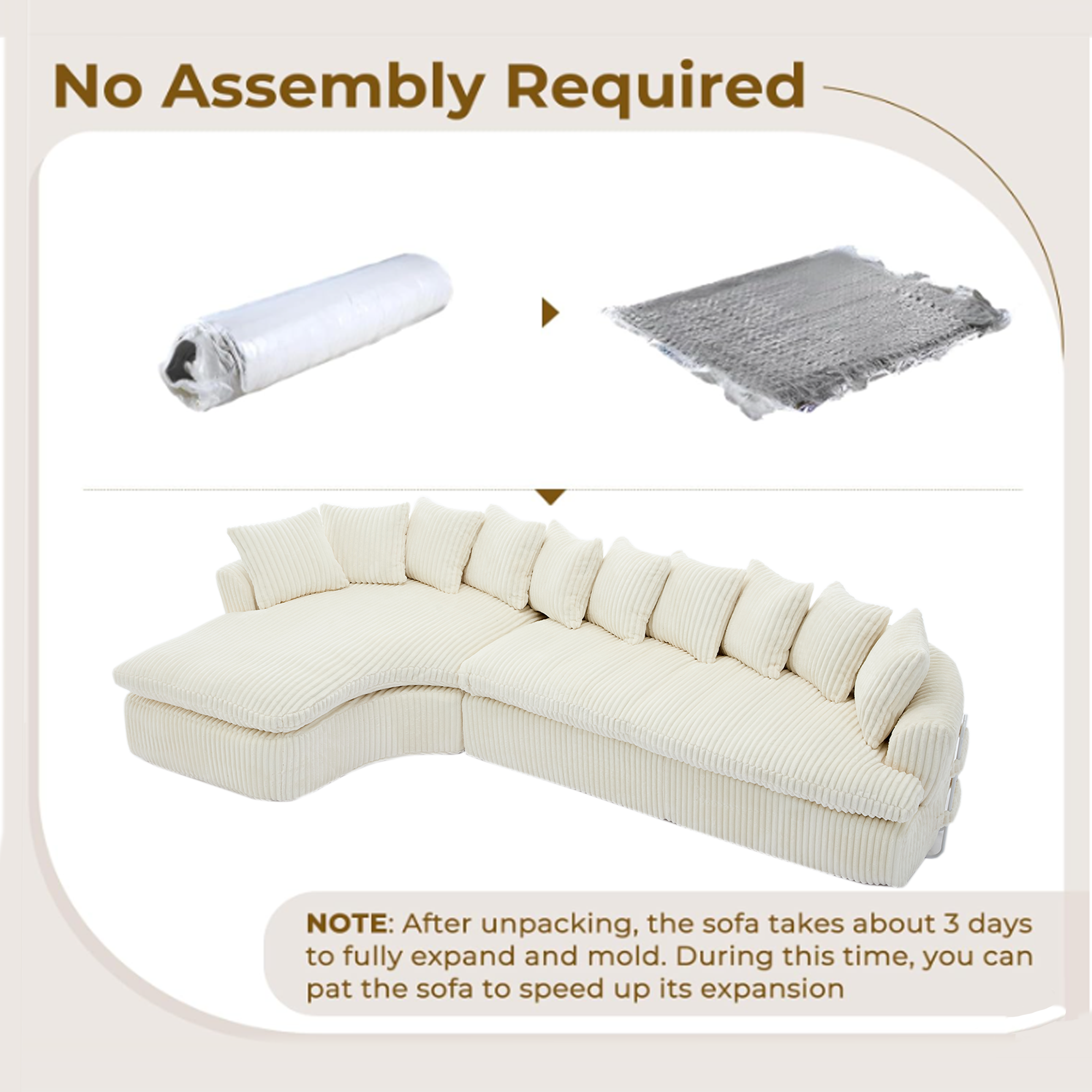 127''  Large Sectional Sofa ,Elegant Curved Design ,High-Resilience Foam ,Ten Back Cushions,L-Shape Left Sofa,No Assembly  Required , (Beige-Soft Corduroy Fabric)