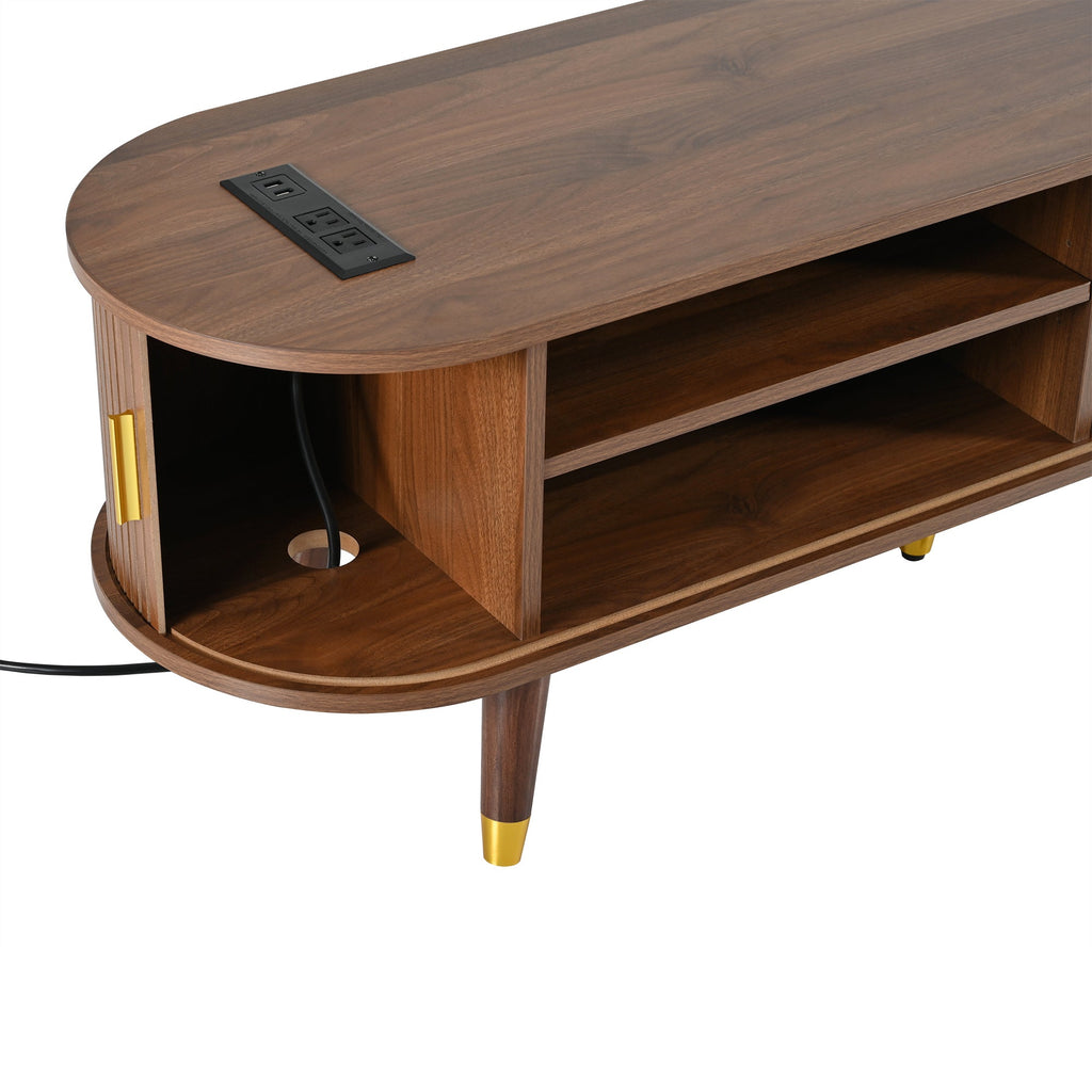 Wooden Farmhouse TV Stand & Coffee Table Set with Charging Station, Oval Fluted Media Console with Sliding Doors for TVs up to 80', Mid-Century Center Table with Solid Wood Legs for Living Room,Walnut