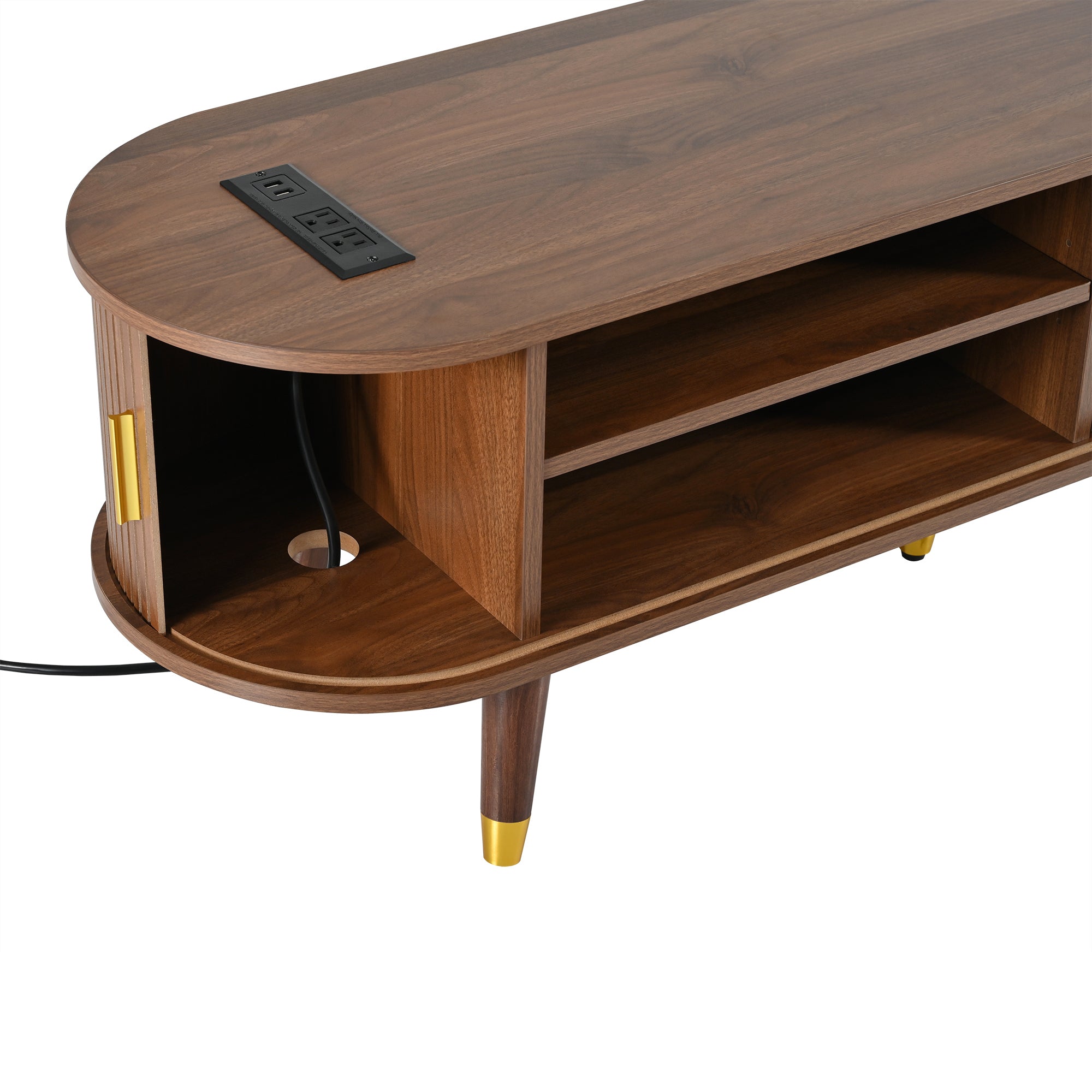 Wooden Farmhouse TV Stand & Coffee Table Set with Charging Station, Oval Fluted Media Console with Sliding Doors for TVs up to 80', Mid-Century Center Table with Solid Wood Legs for Living Room,Walnut
