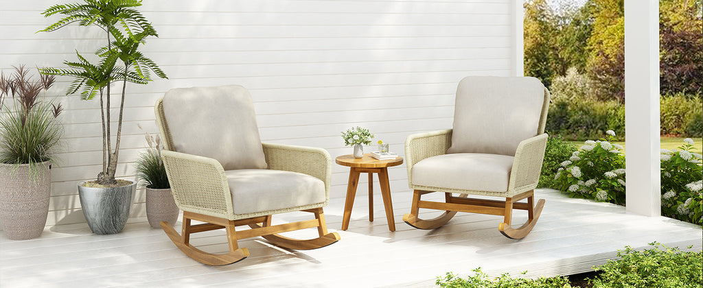 Modern 3-Piece Outdoor Seating Set with Ivory Cushioned PE Rattan Rocking Chairs and Wooden Accent Table, Perfect for Patio or Balcony Relaxation