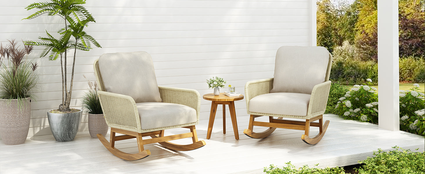 Modern 3-Piece Outdoor Seating Set with Ivory Cushioned PE Rattan Rocking Chairs and Wooden Accent Table, Perfect for Patio or Balcony Relaxation