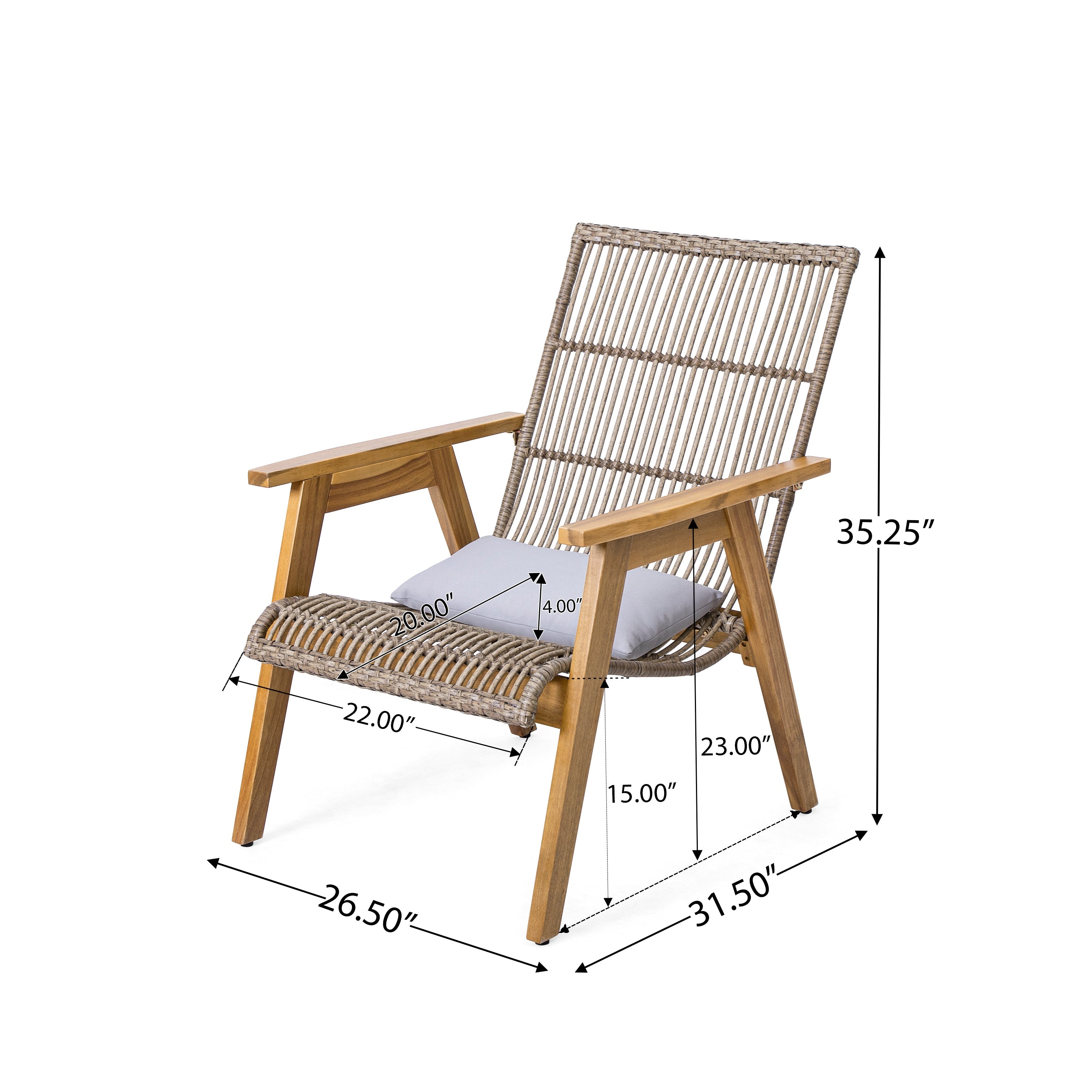 Outdoor Acacia Wood 3-Piece Lounge Set: 2 Cape Woven Wicker Lounge Chairs with Pillows + 18' Solid Side Table for Patio, Deck, Yard, Lawn, and Garden (Teak Finish + Natural Wicker + Light Grey Fabric