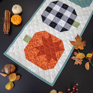 Pumpkin Patchwork Quilted Table Runner Precut Quilt Kit by Block Party Quilt Co; orange pumpkins, teal border