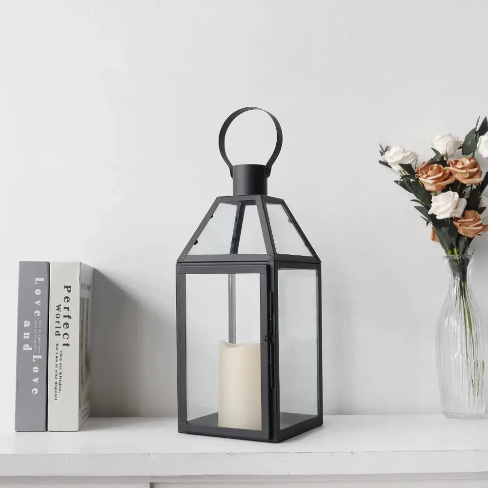16-inch high stainless steel black candle lantern with glass panels