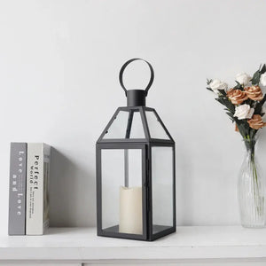 16-inch high stainless steel black candle lantern with glass panels