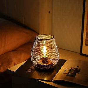 JHY DESIGN 6.7-inch battery-powered outdoor table lamp with a dark metal mesh cage and warm Edison bulb