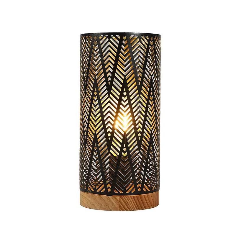 11-inch high battery-powered metal lamp with black chevron lattice, warm glow, wooden base by JHY DESIGN