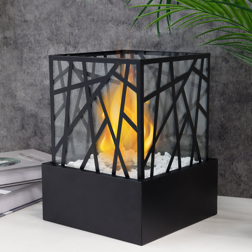 JHY DESIGN portable fire pit bowl, black metal frame with geometric lattice panels and white stones.