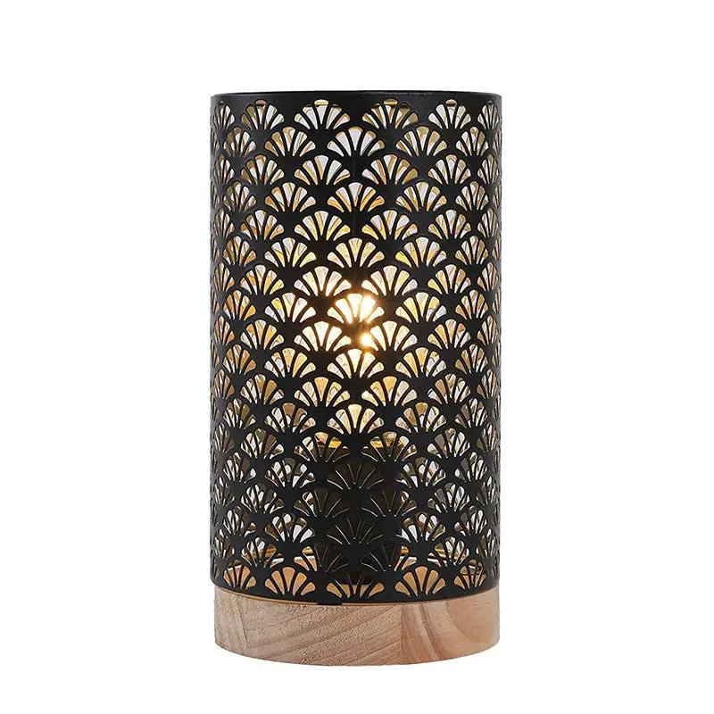 Cordless metal lamp accent with black perforated cylindrical shade and wooden base, 7.5in high, by JHY DESIGN