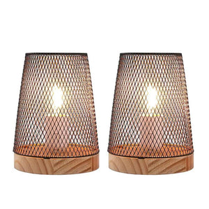 Table lamp set of 2 by JHY DESIGN; 7.5in high metal mesh lamps, battery-powered, with warm glow and wooden bases