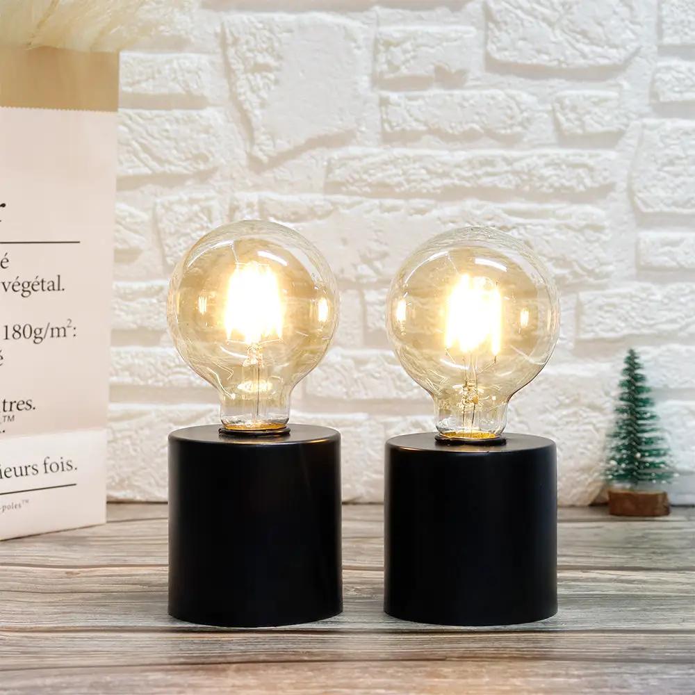 Table lamps set of 2, black, 7-inch tall, battery-powered with clear glass bulbs