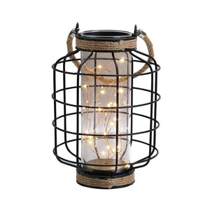9.4-inch battery-powered table lamp with black metal cage and rope accents, string lights inside.