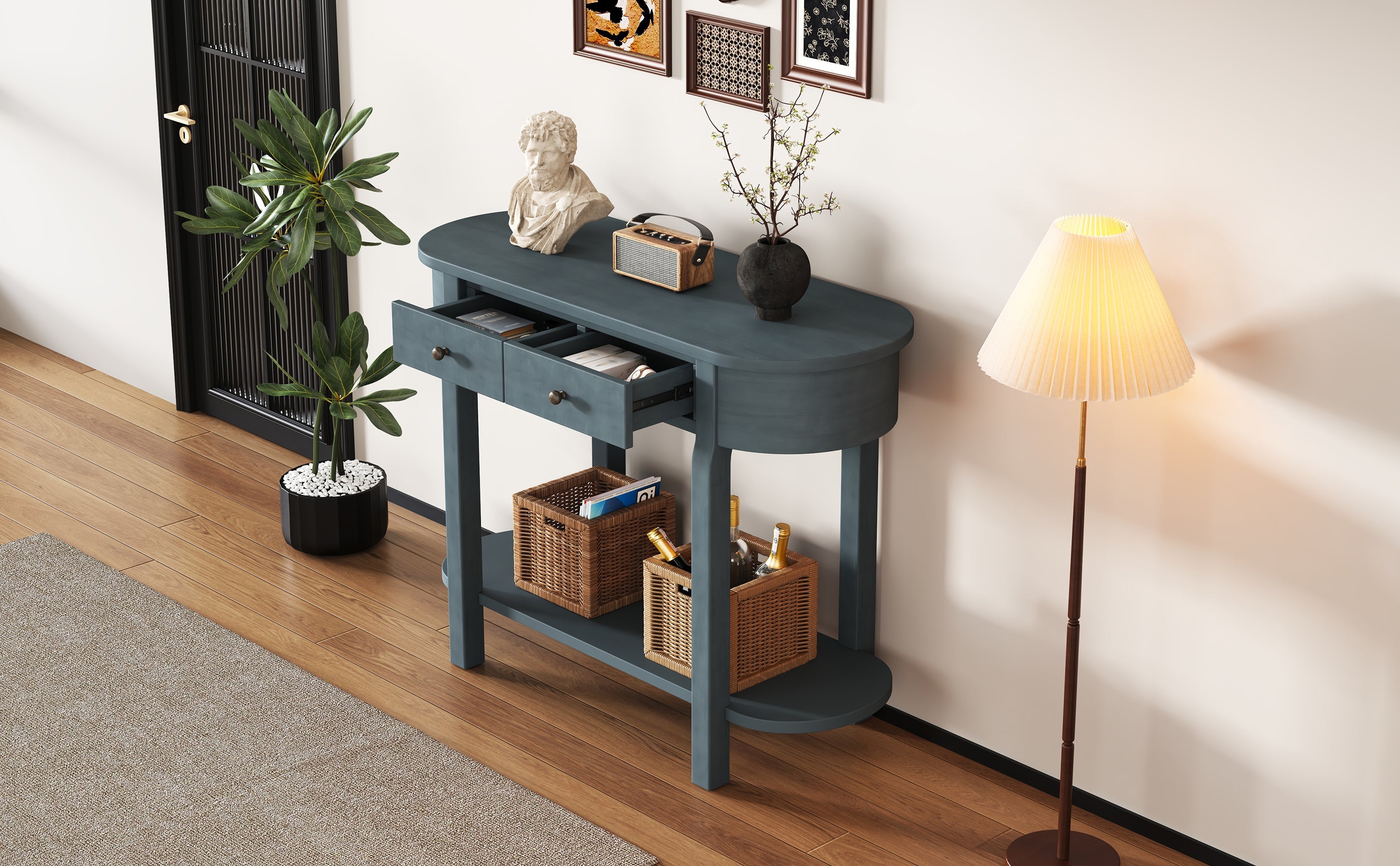 TREXM Elegant Retro Console Table with Curved Design and Smooth Glaze for Entryways, Living Rooms and hallways (Navy)