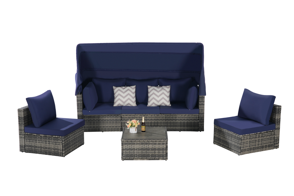 5 Pieces Outdoor Patio Wicker Daybed Furniture Set with Retractable Canopy, Storable Side Table, and Soft Cushions for Relaxing in Your Backyard or Porch