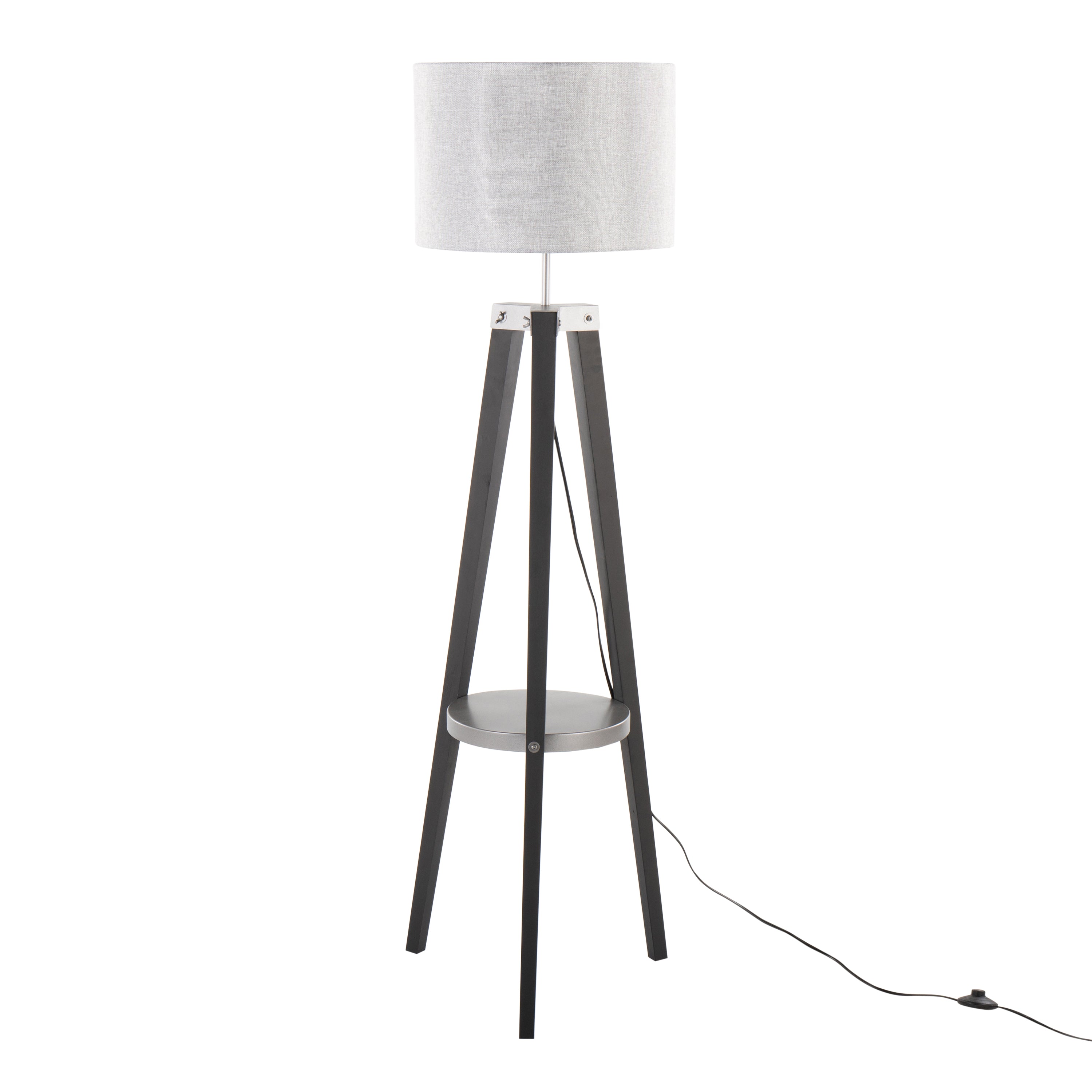 Compass Mid-Century Modern Floor Lamp with Shelf in Black Wood, Silver Metal and Grey Linen by LumiSource