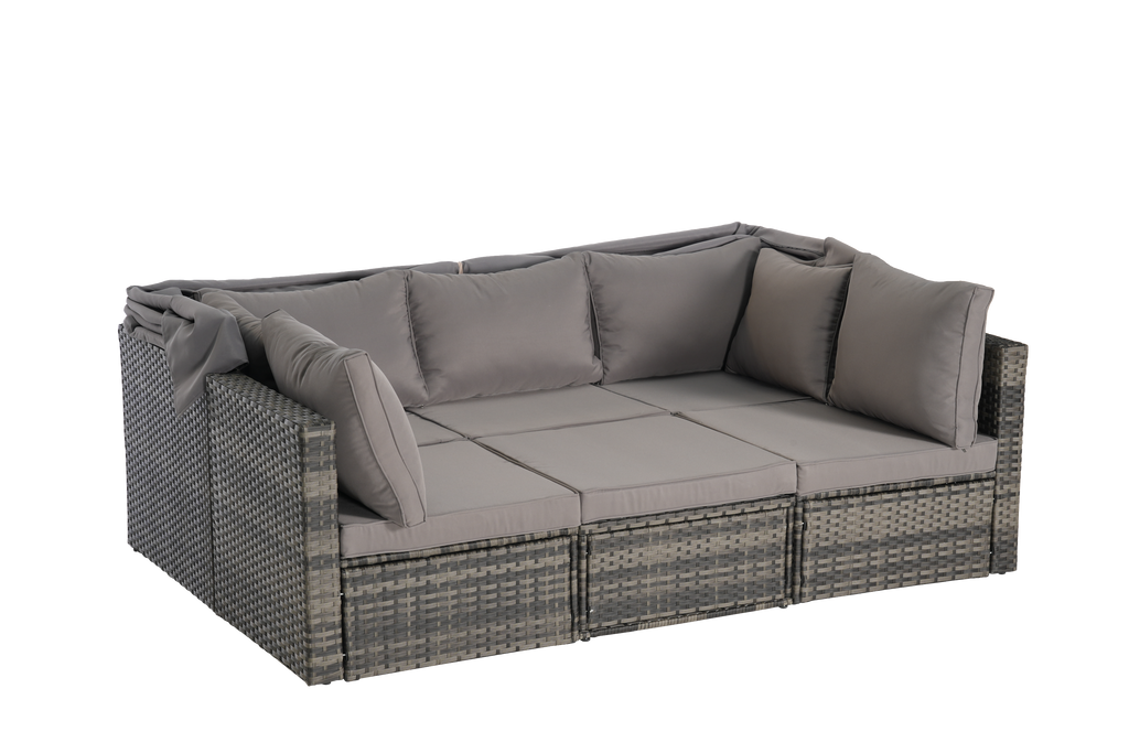 5 Pieces Outdoor Patio Wicker Daybed Furniture Set with Retractable Canopy, Storable Side Table, and Soft Cushions for Relaxing in Your Backyard or Porch